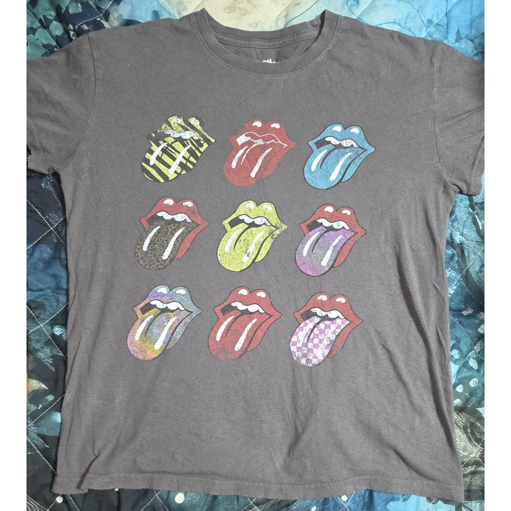 Rolling Stones Mens T-Shirt Gray Colorful Graphic Tongues Hot Lips M Band Tee